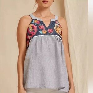 Savanna Jane Seersucker Embroidered Babydoll Floral Sleeveless Tank Top 1X